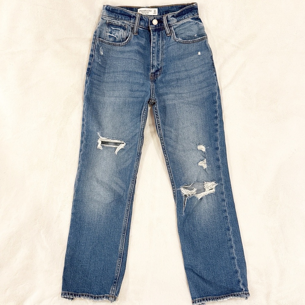 Abercrombie & Fitch Blue Distressed Ankle Straight Leg High Rise Jeans Size 00xs